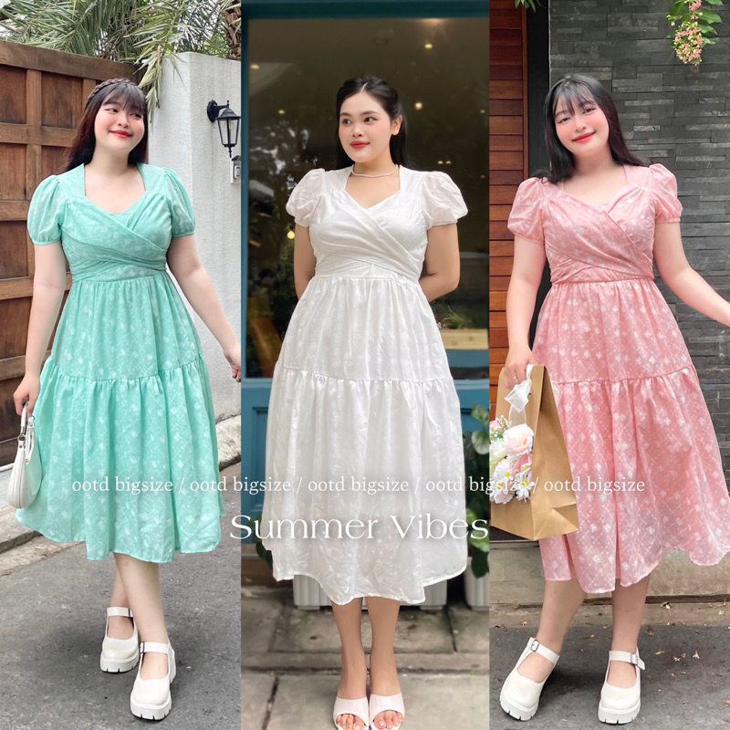 OOTD BIGSIZE | Đầm midi hoa ẩn chéo ngực buộc nơ sau