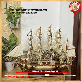[Dài 80cm] Mô hình tàu thuyền gỗ trang trí - Tàu gỗ chở hàng France II Pháp - Thân tàu 60cm - Buồm vải bố
