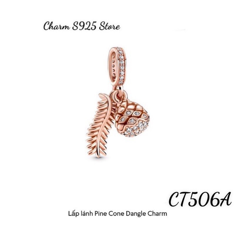 CHARM PAN.DO.RA ALE TREO QUẢ THÔNG CHIẾC LÁ VÀNG HỒNG ĐÍNH ĐÁ BẠC S925 CAO CẤP