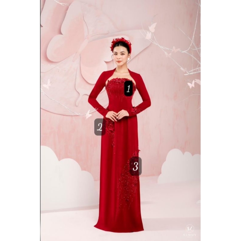 Áo dài Sammy cổ lưới kết hoa