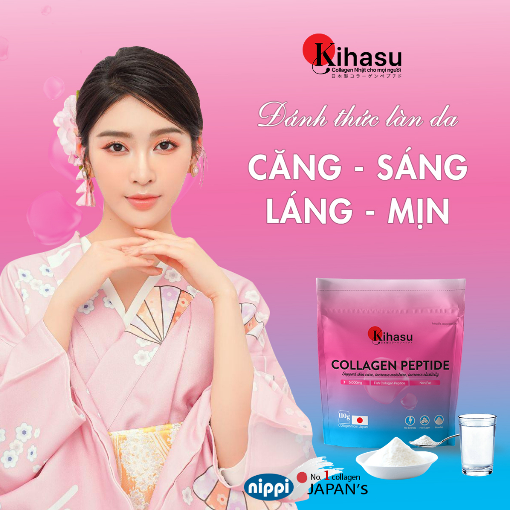 Bột collagen peptide kihasu Nippi Nhật Bản 110g: hỗ trợ trẻ hoá, cấp ẩm, tăng sinh collagen: pha nước, cho vào thức ăn