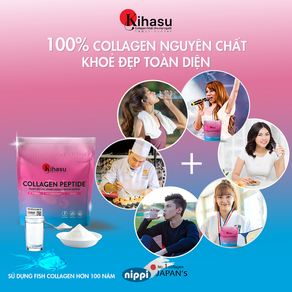 Bột collagen peptide kihasu Nippi Nhật Bản 110g: hỗ trợ trẻ hoá, cấp ẩm, tăng sinh collagen: pha nước, cho vào thức ăn