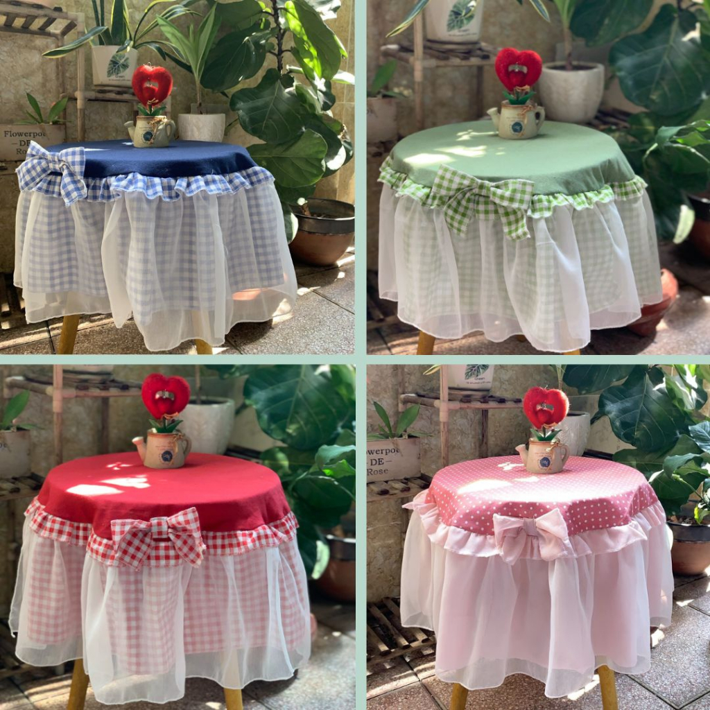 Khăn trải bàn tròn phối bèo ren Nhà Xinh Decor kết nơ dễ thương vải canvas trang trí màu trơn xanh dương đỏ xanh