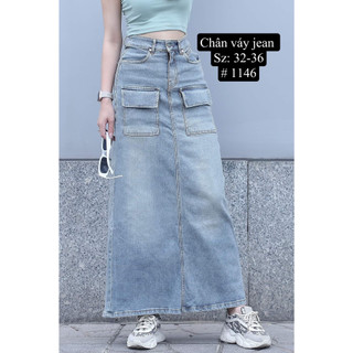 Chân váy jean dài xẻ tà bigsize nữ, xanh đậm 1147/ xanh nhạt 1146 lưng cao, co giãn
