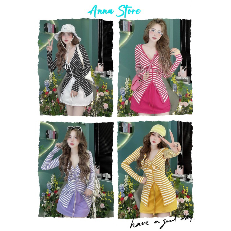 Set Bộ Áo Tay Dài Kẻ Sọc Ôm Body Xẻ Giữa Phối Chân Váy Ngắn Siêu Xinh M528