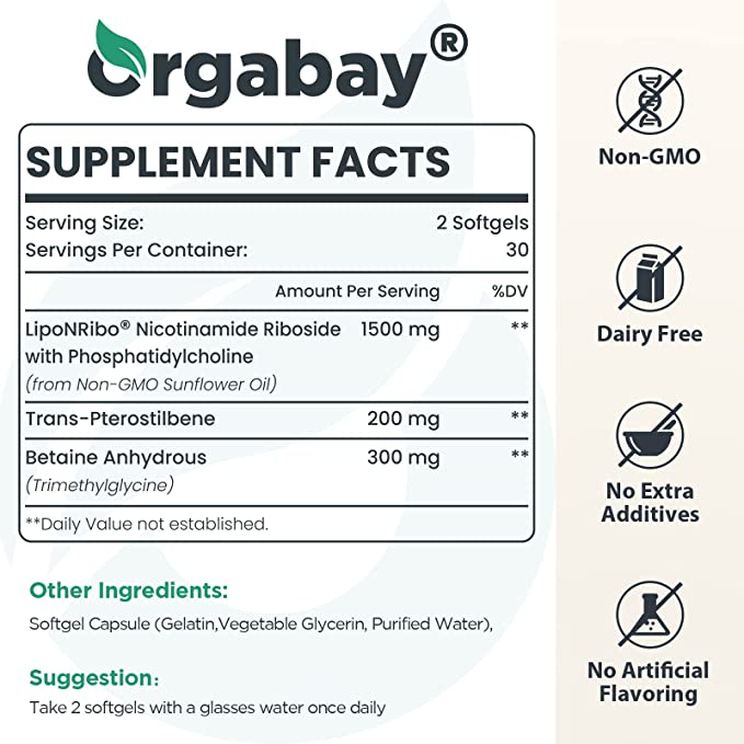 Orgabay Liposomal Nicotinamide Riboside 2000mg - Viên uống giúp chống lão hóa, tăng sức đề kháng, sửa chữa tế bào 60v