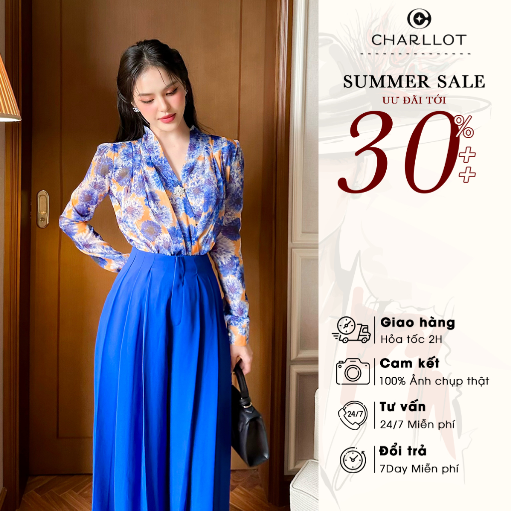 Áo Hoa Xanh Coban Voan Tơ Tay Dài Thiết Kế Cao Cấp Charllot Quần Dập Ly Xanh Ống Rộng Sang Trọng Tôn Dáng Cl04