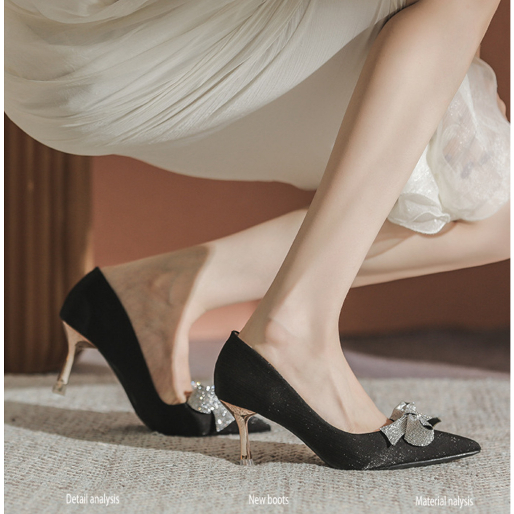 Giày Nữ Cao Cấp , Giày Cao Gót Nữ Mũi Nhọn, Charm Nơ Cao 6p Charm Cao Cấp, Kiểu Dáng Trẻ trung- DA768