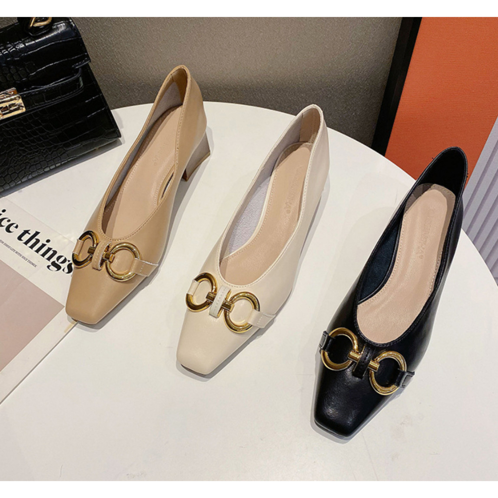 Giày Cao Gót Nữ Mũi Tròn, Giày Cao Gót Đế Vuông Charm xích Cao 4 Phân Da Mềm Cao Cấp_DA779