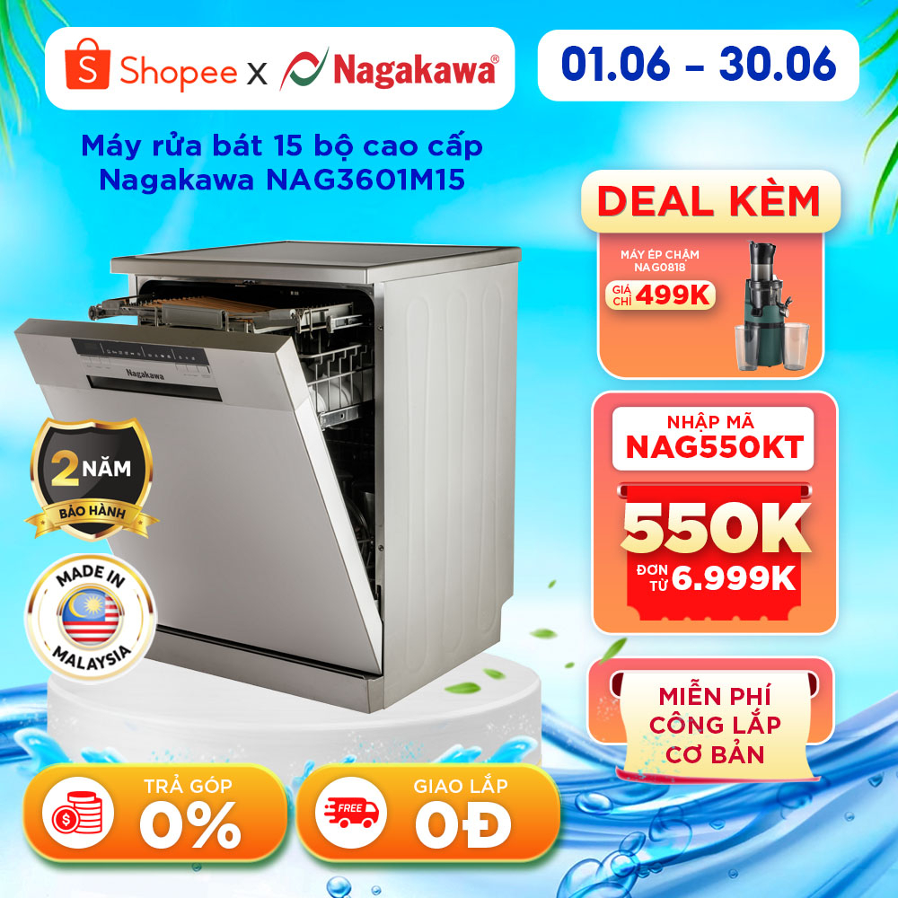 Miễn phí công lắp đặt - Máy rửa chén/ bát 15 bộ cao cấp Nagakawa NAG3601M15 - Bảo hành tại nhà 2 năm - Made in Malaysia