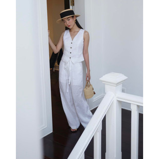 Quần Linen lưng cao ống rộng nữ màu trắng