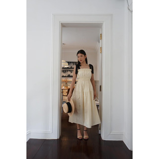 Đầm hai dây xoè vai thắt nơ nhún ngực vải Cotton Poplin