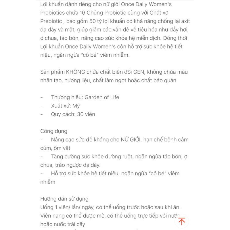 Lợi khuẩn Cho Phụ Nữ Garden of Life Dr. Gormulated PROBIOTICS Once Daily Women’s 30 viên - Mỹ