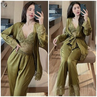ĐỒ BỘ NỮ SÉT 3 MÓN Áo 2 dây phối ren có mút ngực , chất Lụa Cao Cấp