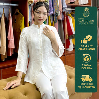 Bộ pháp phục vạn duyên chất liệu tơ tằm cúc trắng cổ trụ nút ngọc