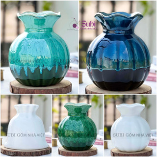 Lọ hoa decor 16 cm - Bát Tràng cao cấp - Bình hoa gốm trang trí dáng quả lựu nhỏ đẹp - Màu xanh