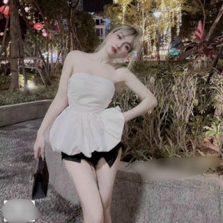 Áo ống nữ dáng peplum chít eo phồng to màu đen màu trắng sang chảnh PC