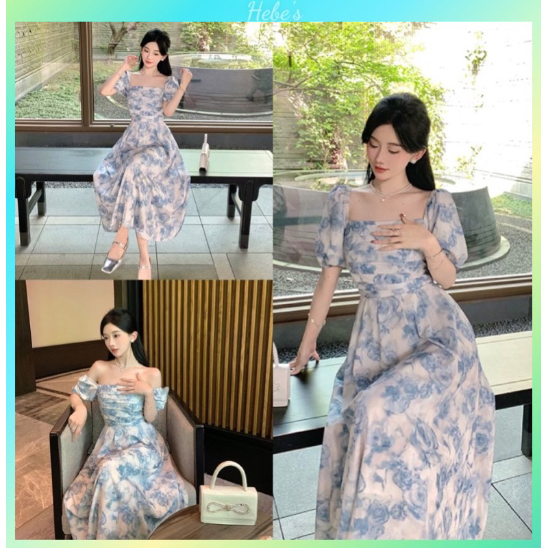 Đầm maxi hoa hồng xanh phong cách tiểu thư hebe's X28