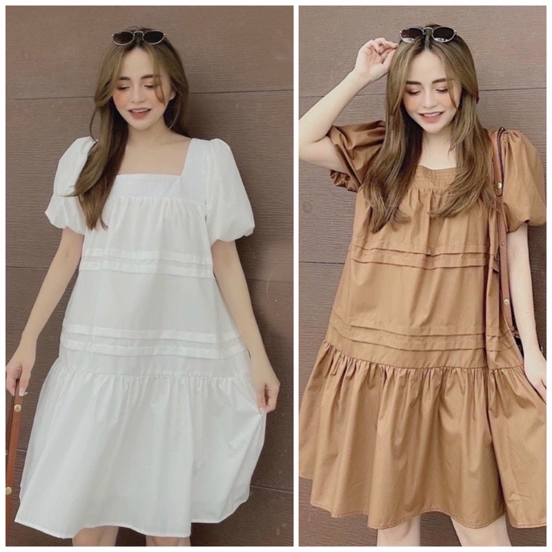 Đầm trắng tầng cổ vuông xếp li