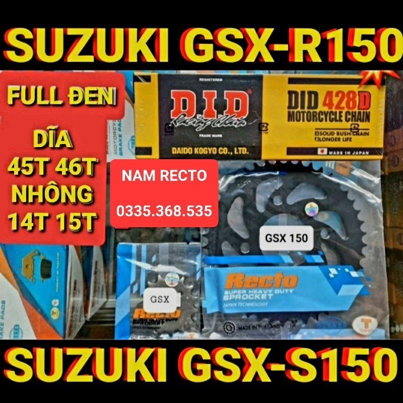 NHÔNG SÊN DĨA JAPAN GSX-R150/GSX-S150 45T 46T SÊN DID ĐEN NHÔNG DĨA RECTO THAILAN >>>