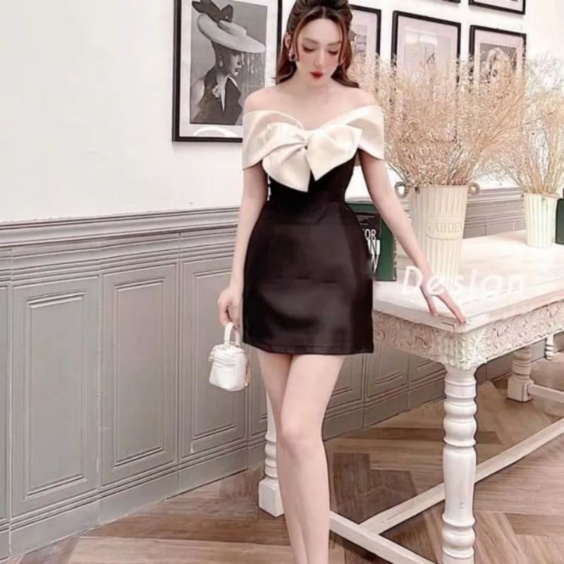 Váy trễ vai, đầm trễ vai nơ trắng ngực chân váy chữ A xinh xắn.