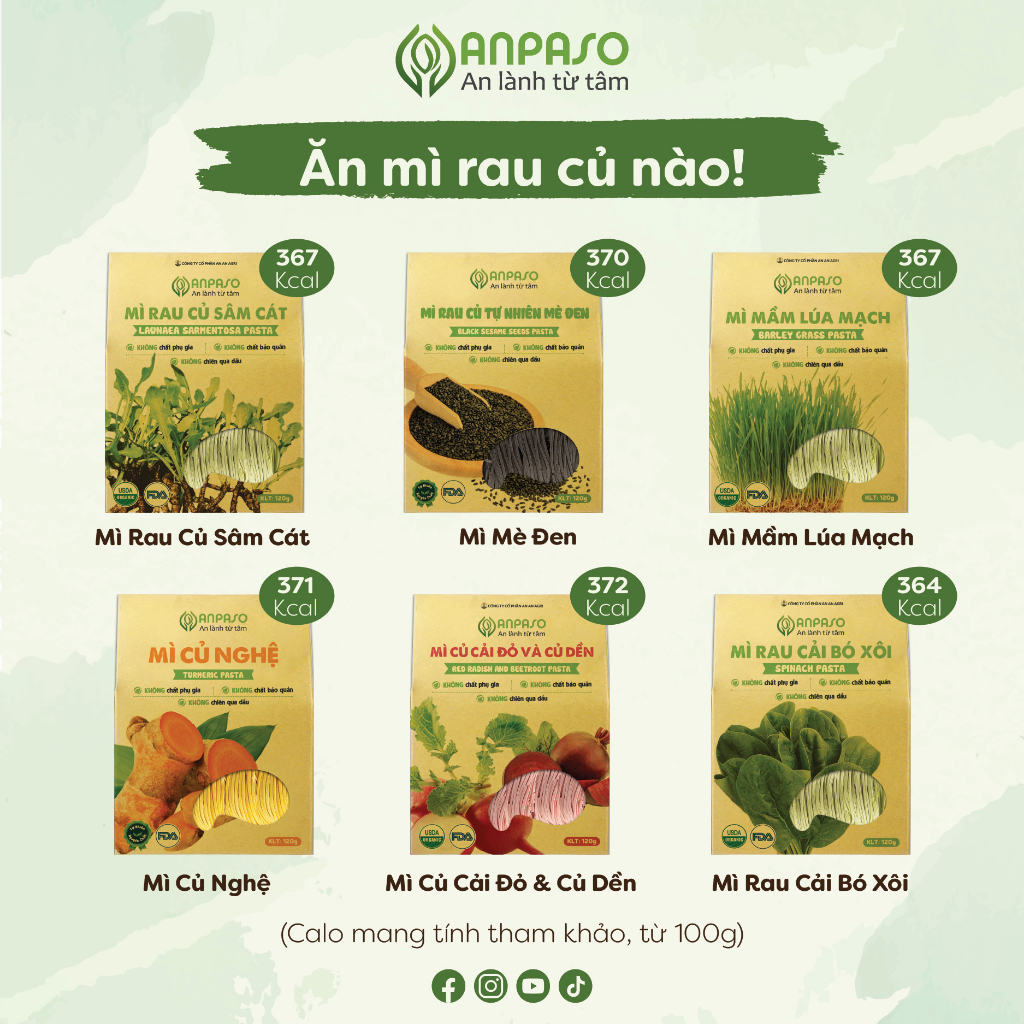Mì Rau Củ Anpaso, Organic Eat Clean Giảm Cân, Ăn Chay, Thực Dưỡng, Bổ Sung Vitamin, Chất Xơ nhiều vị 120g 300g