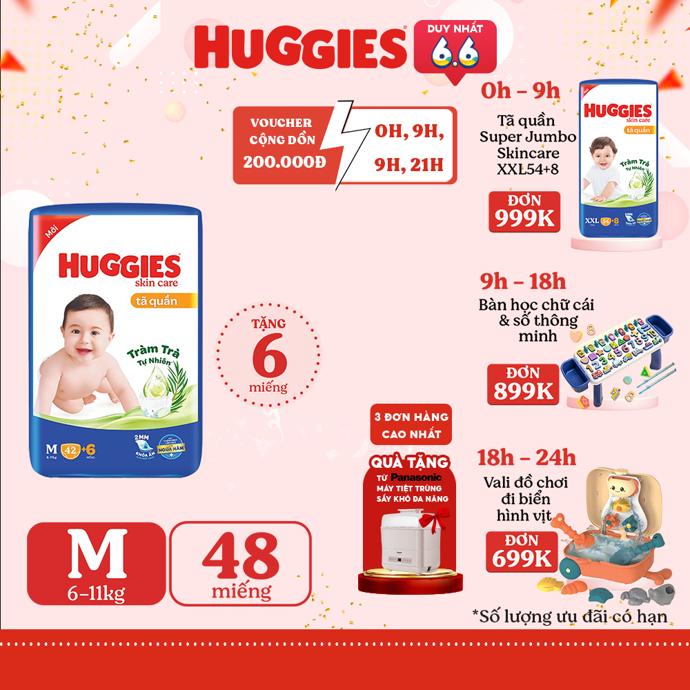 Tã quần Huggies Skincare Jumbo M42/L38/XL32/XXL28+6