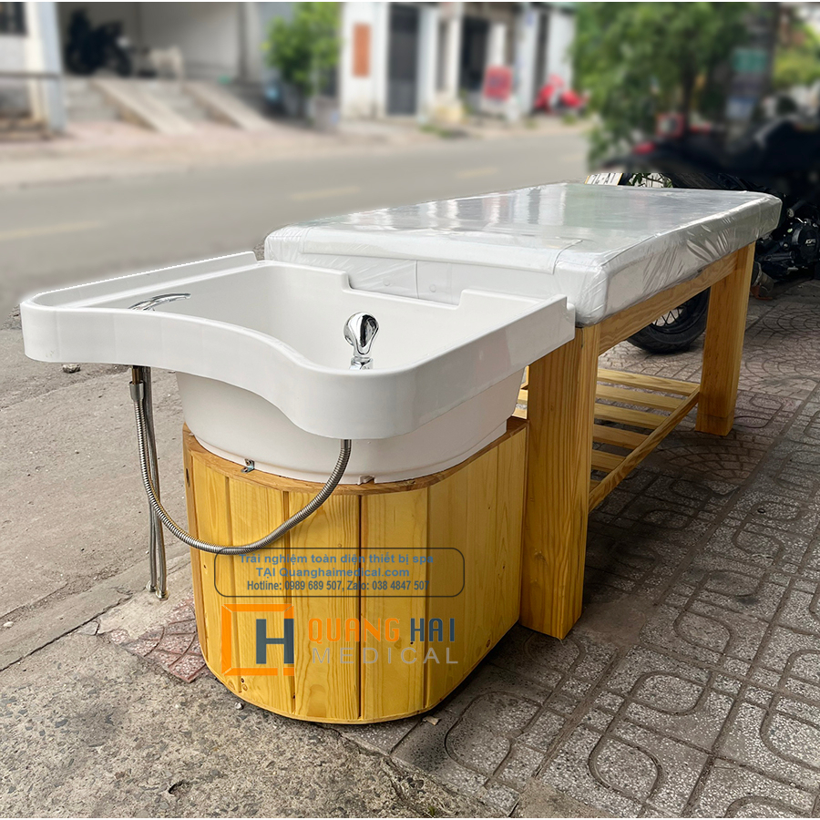 Giường gội 2in1, giường body gỗ Thông bồn nhựa và bồn sứ