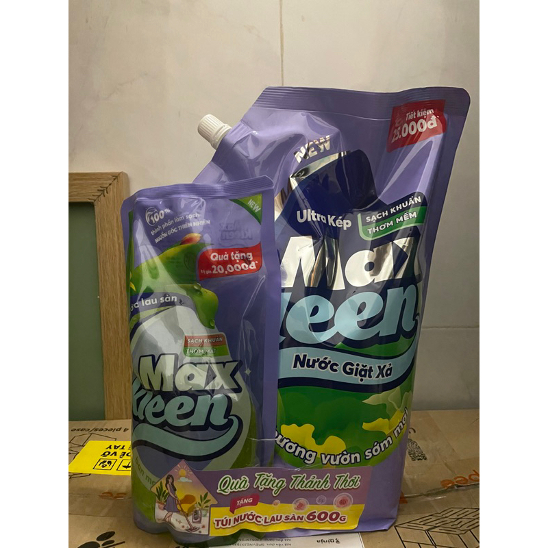 Combo Túi nước giặt xả MaxKleen 2.4kg vườn sớm mai+ Túi nước lau sàn MaxKleen 600g