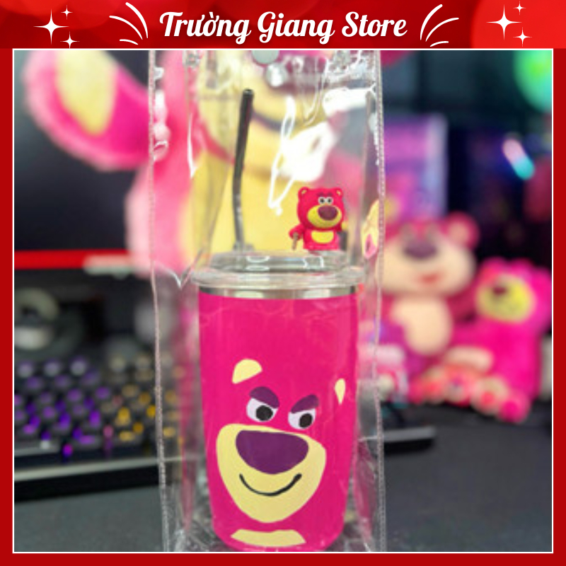 Cốc gấu dâu Losto, ly giữ nhiệt tiện dụng kèm ống hút bằng thép không gỉ dung tích 450ml -tặng kèm túi trong