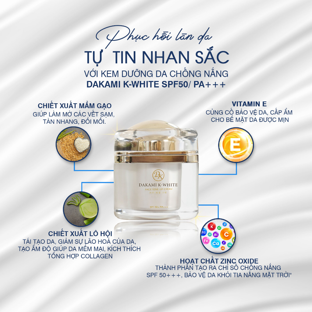 Kem Dakami K-White, kem dưỡng da chống nắng, hỗ trợ làm mờ sạm nám, trẻ hoá làn da hộp 30G