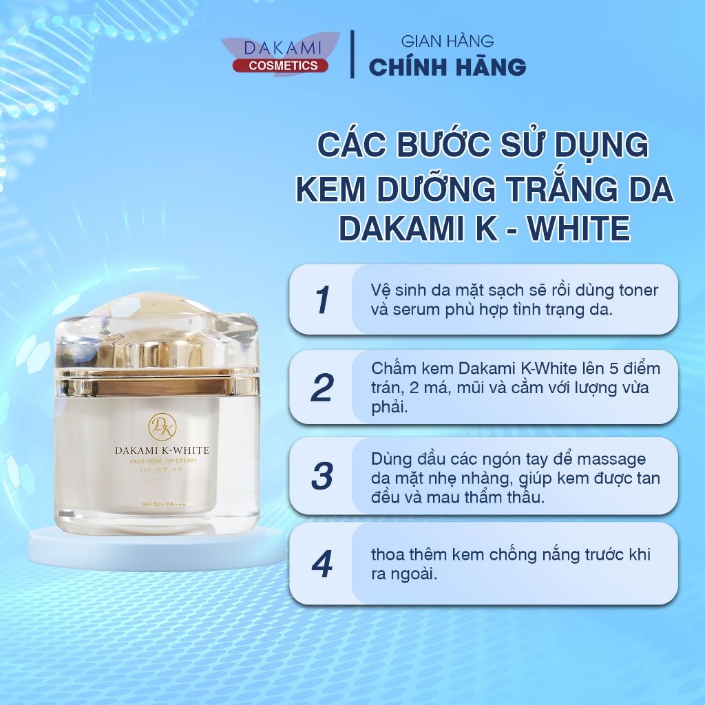 Kem Dakami K-White, kem dưỡng da chống nắng, hỗ trợ làm mờ sạm nám, trẻ hoá làn da hộp 30G