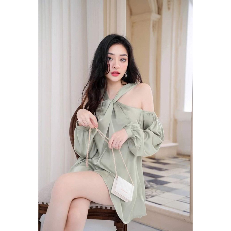 Áo lụa yếm xanh mint dáng dài Ancava