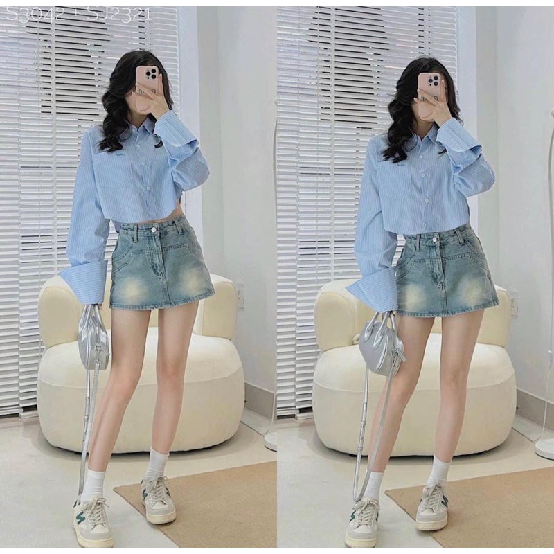 Quần váy jeans xanh, quần giả chân váy jeans xanh ngắn siêu hot phong cách sang chảnh dễ phối đồ