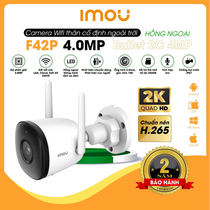 Camera IMOU Wifi ngoài trời chính hãng F22P/F42P, hồng ngoại ban đêm, ghi hình ảnh có âm thanh Full HD 1080P/ 2K