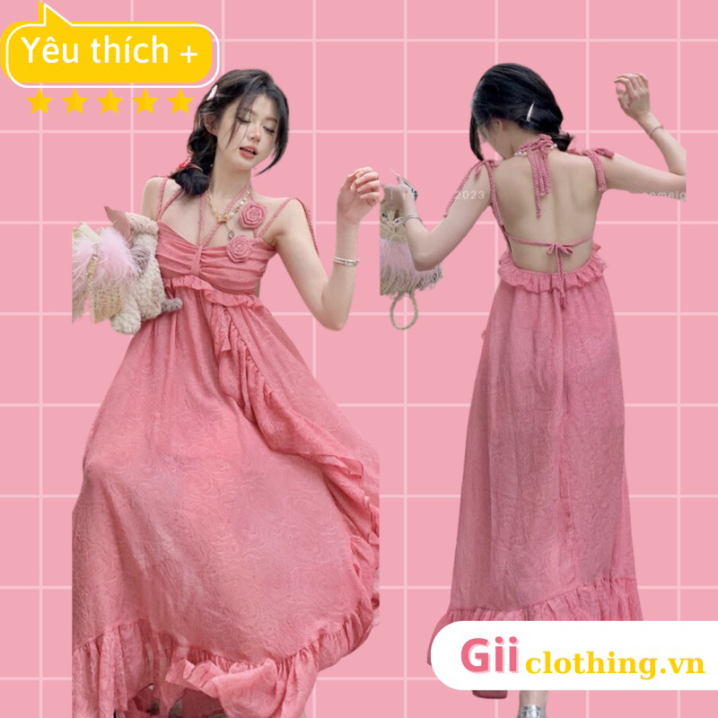 (Ảnh thật) Váy hai dây đi biển tua rua hoa hồng thướt tha dễ thương (ORDER, có 2 loại hở lưng và không hở lưng)