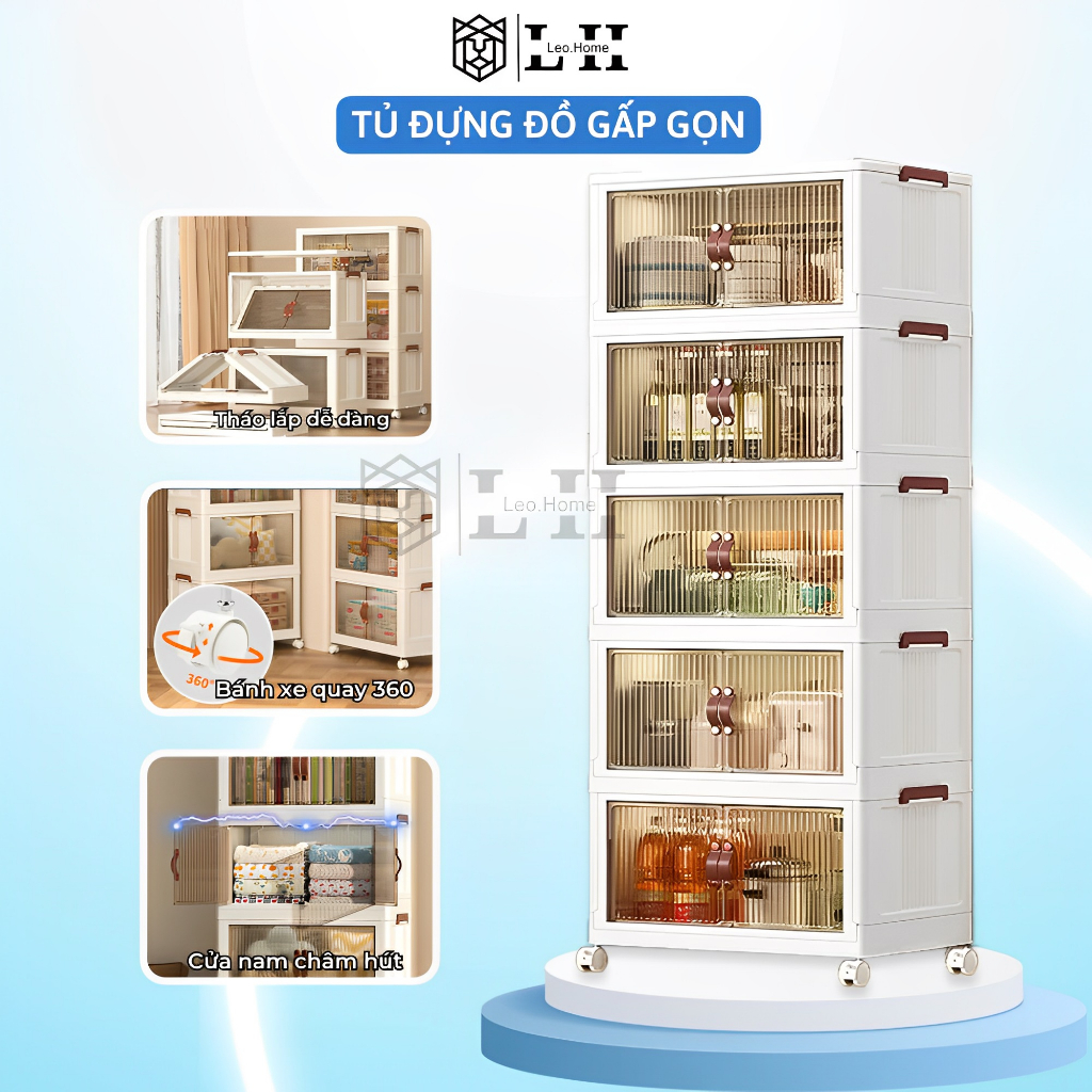 Tủ đựng đồ nhà bếp, tủ nhựa gấp gọn đa năng đựng quần áo, đồ ăn vặt có bánh xe 360 độ nhiều kích cỡ - LEOHOME LH01