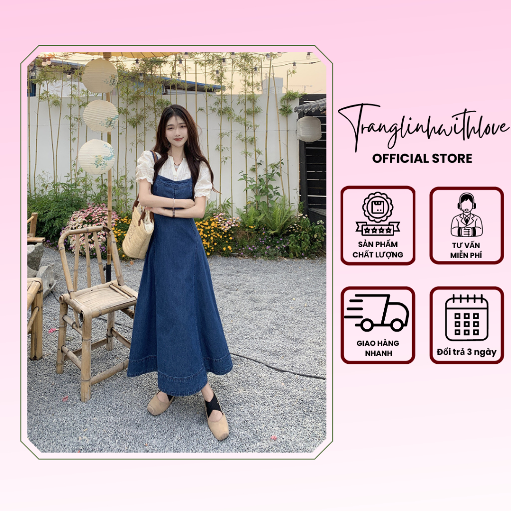 Sẵn set| Set váy yếm bò lưu diệc phi, set váy yếm dáng dài lưng chun phối áo sơ mi tay ngắn cổ V