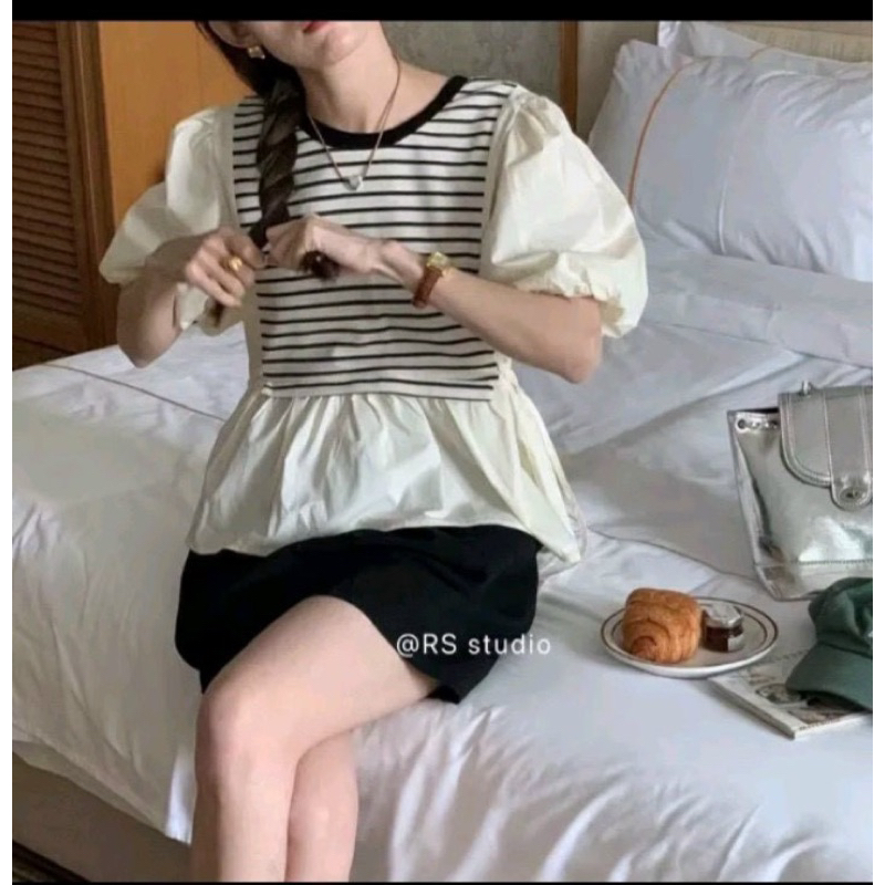 Áo babydoll tay phồng nhắn tay phối kẻ sọc , Áo sơ mi babydoll hot trend phối sọc style Hàn Quốc 🌈🌈🌈C888