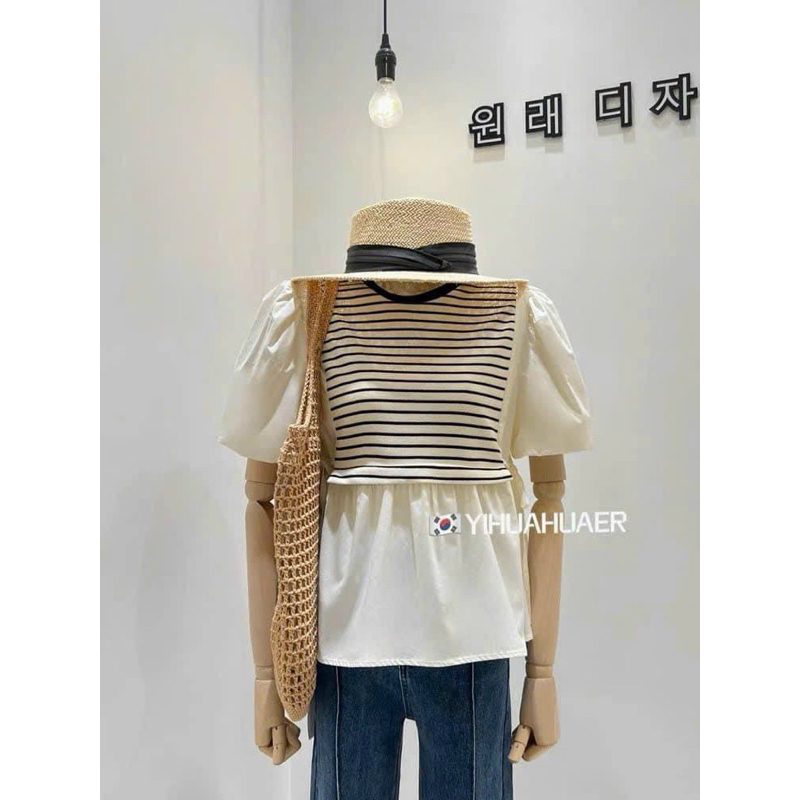 Áo babydoll tay phồng nhắn tay phối kẻ sọc , Áo sơ mi babydoll hot trend phối sọc style Hàn Quốc 🌈🌈🌈C888