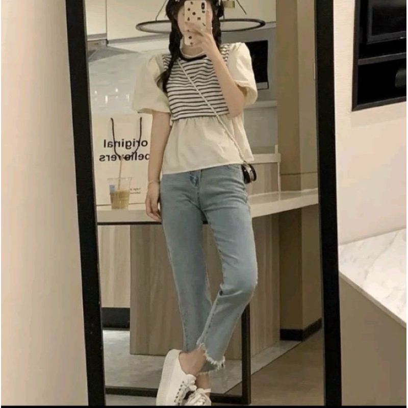 Áo babydoll tay phồng nhắn tay phối kẻ sọc , Áo sơ mi babydoll hot trend phối sọc style Hàn Quốc 🌈🌈🌈C888