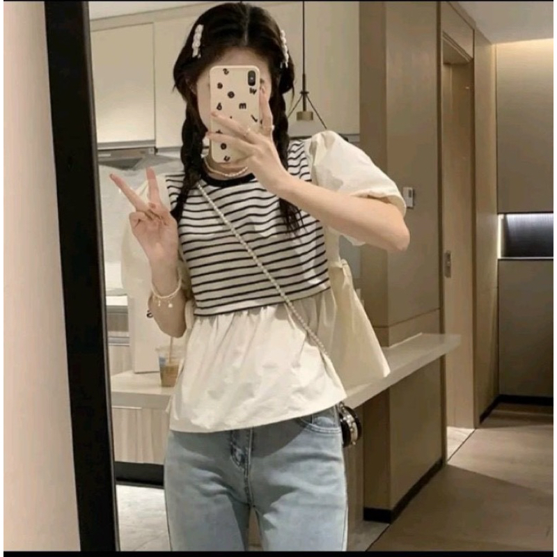 Áo babydoll tay phồng nhắn tay phối kẻ sọc , Áo sơ mi babydoll hot trend phối sọc style Hàn Quốc 🌈🌈🌈C888