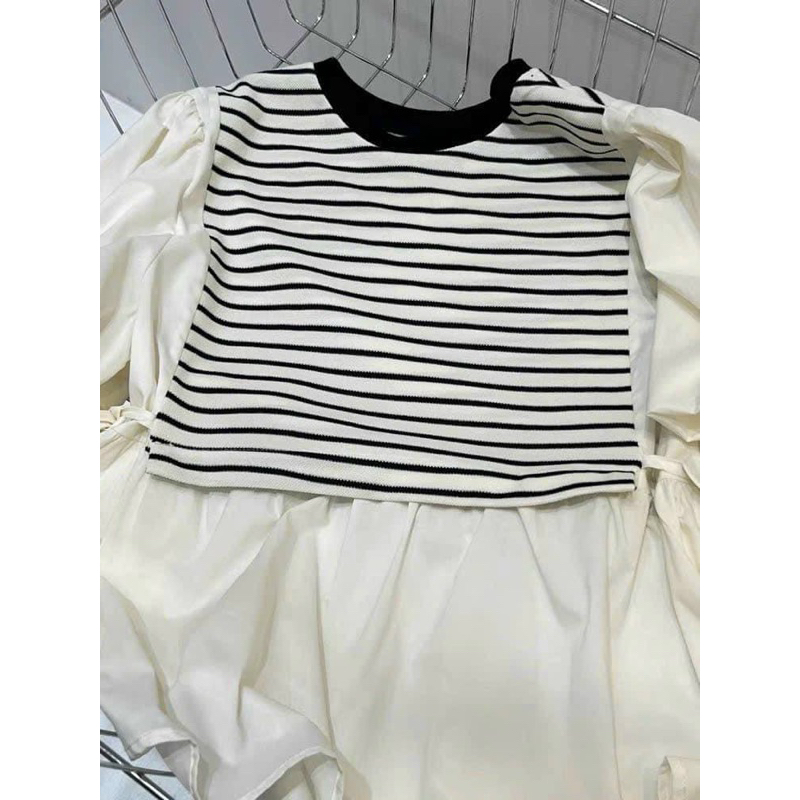 Áo babydoll tay phồng nhắn tay phối kẻ sọc , Áo sơ mi babydoll hot trend phối sọc style Hàn Quốc 🌈🌈🌈C888