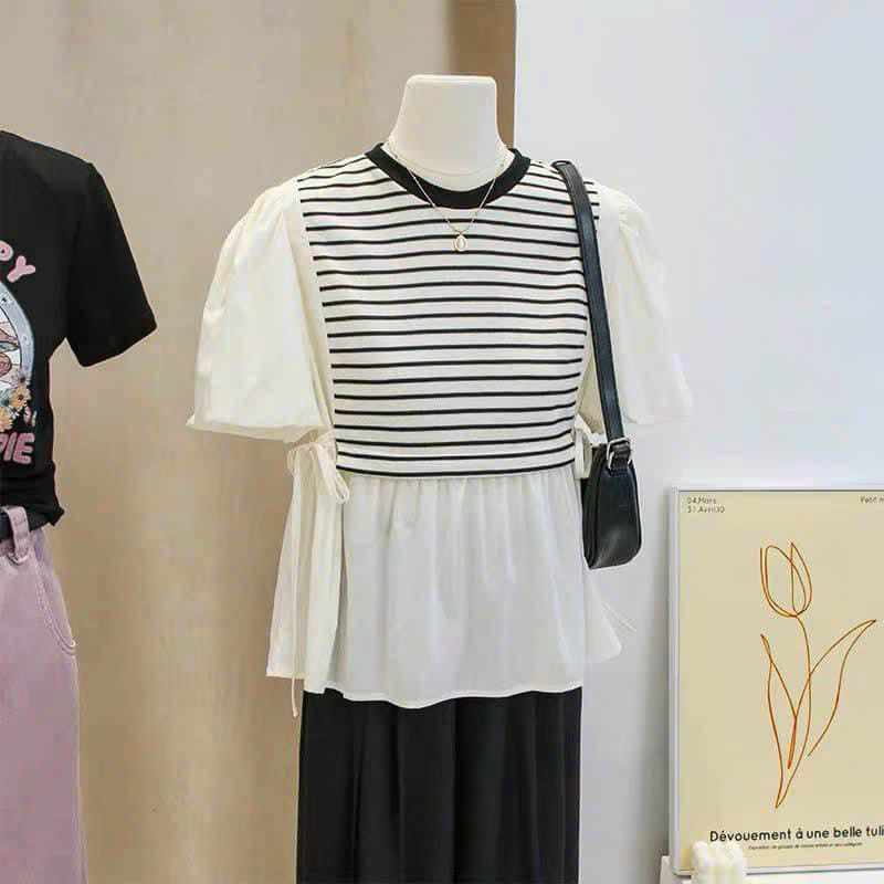 Áo babydoll tay phồng nhắn tay phối kẻ sọc , Áo sơ mi babydoll hot trend phối sọc style Hàn Quốc 🌈🌈🌈C888