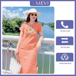 Đầm hồng tay ngắn có in hình hoa thời trang nữ đẹp chất liệu Linen shop MEVI Mái Em _V8021