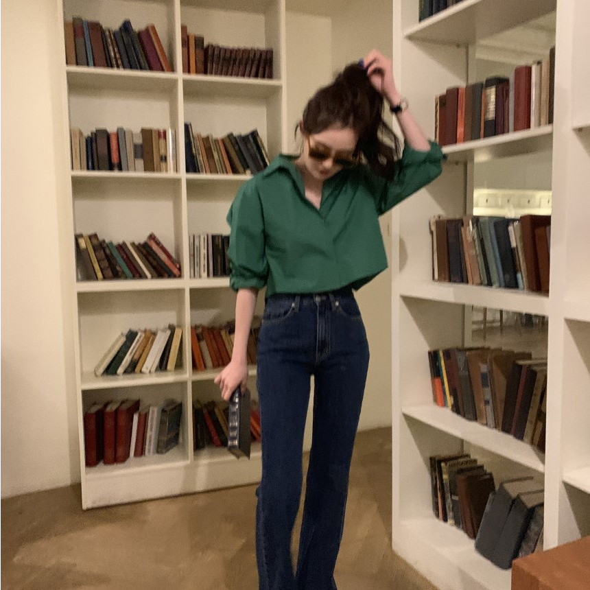 Áo Sơ Mi Nữ Dáng Croptop Ngắn Màu Lạ Tay Dài Thiết Kế Cut Out Lưng Xinh Đẹp Quyến Rũ