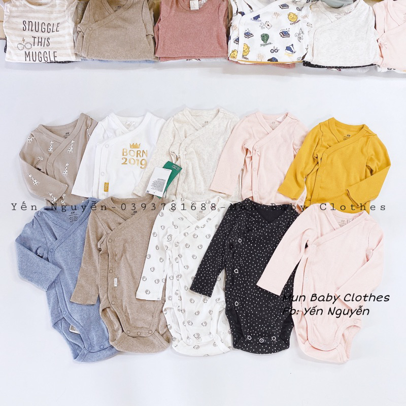 Body chip body suit cài chéo Hm xuất dư chất cotton hữu cơ mềm mịn cho bé sơ sinh từ 0 đến 9 tháng tuổi