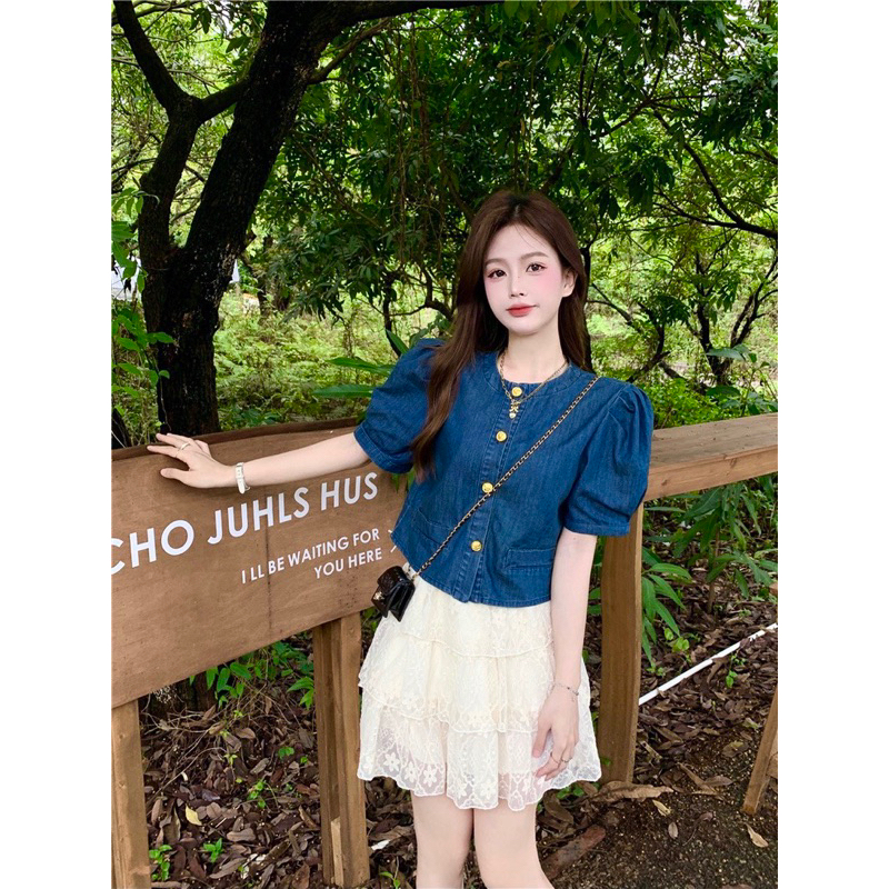 BIGSIZE Sơ Mi Jean Cổ Tròn Tay Bồng