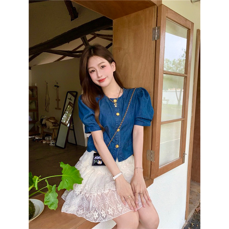 BIGSIZE Sơ Mi Jean Cổ Tròn Tay Bồng