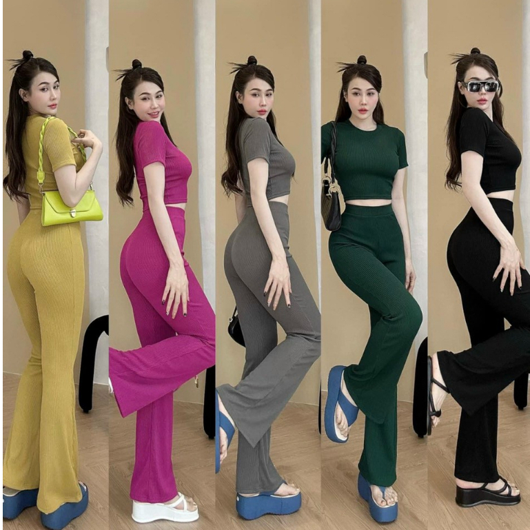 Set bộ thun áo ngắn tay ôm eo mix quần dài ống loe tôn dáng cực xinh và quyến dũ [556]